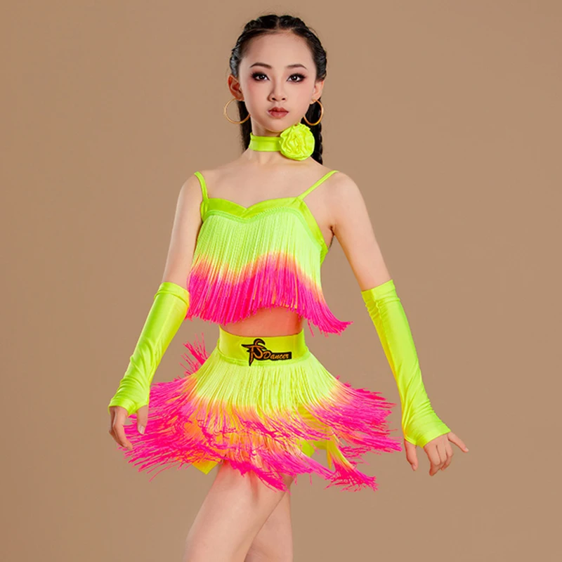 

2025 Girls Latin Dance Clothes Competition Clothing Tassel Tops Skirt Cha Cha Performance Costume Kids Latin Dancewear BL16729