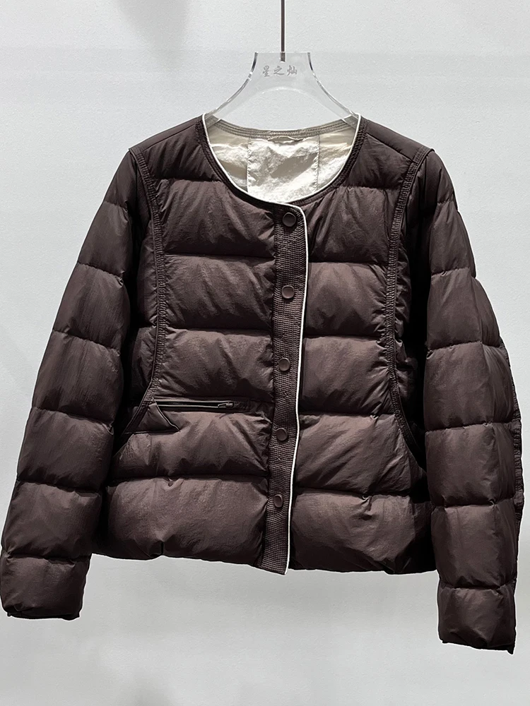 2025, Herbst und Winter, neue Damen-Rundhals-Einreiher, kurze weiße Entendaunenjacke, einfarbig, lässiger Mantel