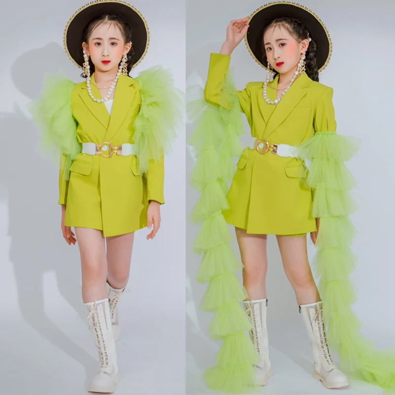 

Kids Stage Catwalk Festival Outfit For Girls Ballroom Jazz Dance Costume Green Coat Shorts Hip Hop Clothing Street Wear XS6474