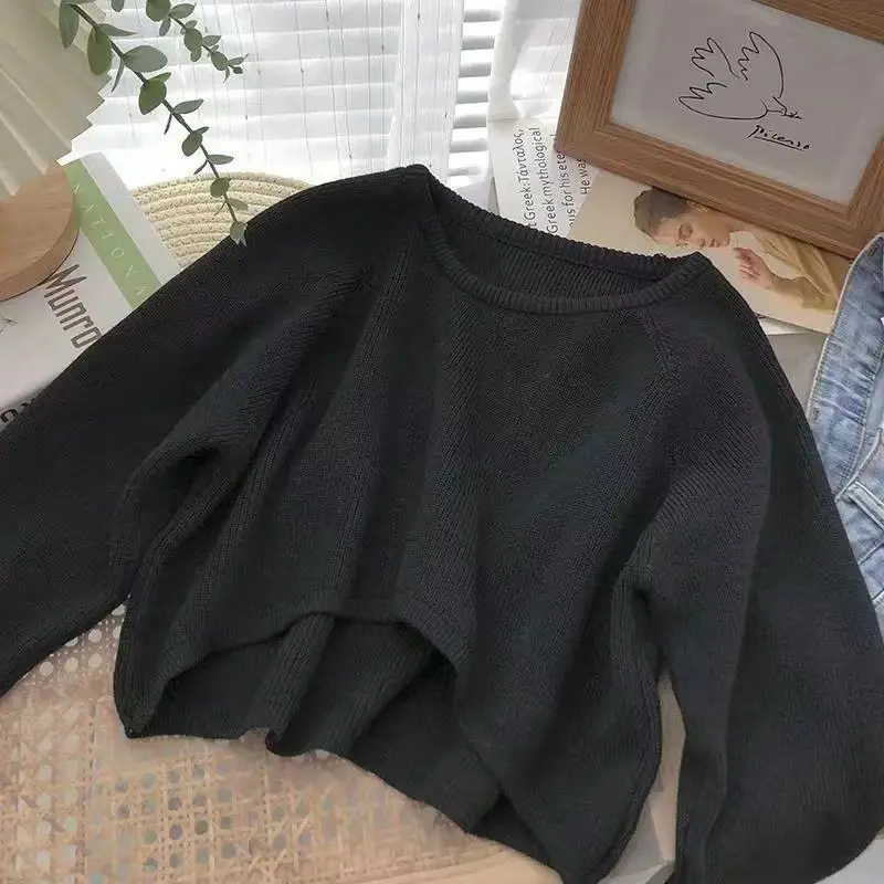 Women Cropped Sweater Vintage Streetwear casual warm preppy loose Knitting Pullovers solid chic Simple All match Jumpers