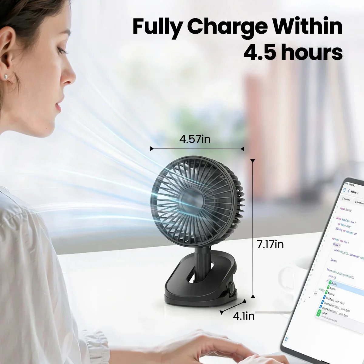 Clip on Fan Battery4000mAh Auto Oscillating Portable USB Fan with Light & Hook