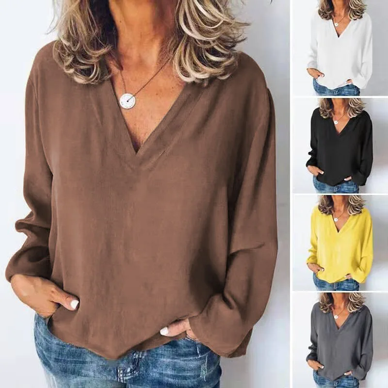 Blouse women 2026 casual summer top v neck solid color long-sleeved chiffon blouse women's clothing