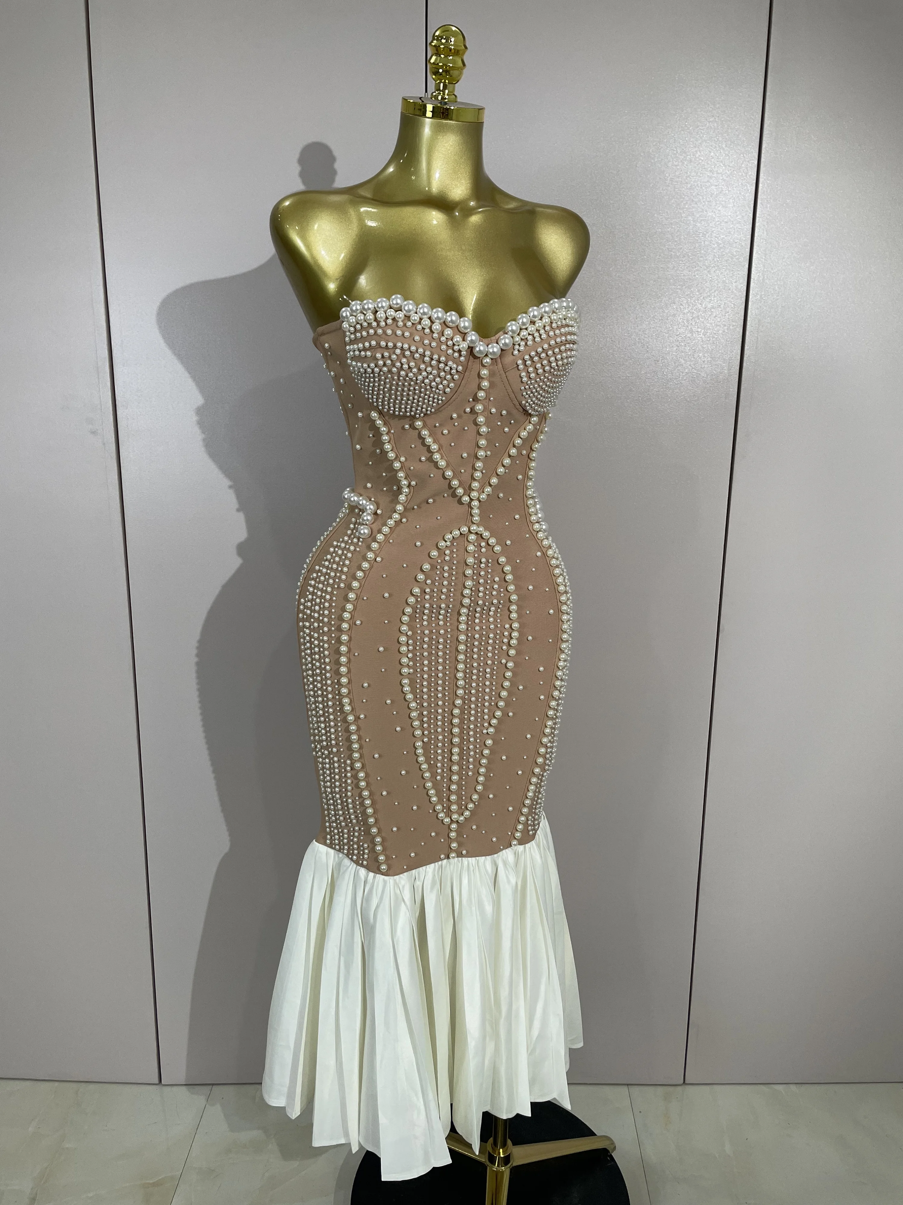 أنيقة الماس اللؤلؤ حمالة Bodycon ضمادة حورية البحر فساتين المشاهير مساء نادي الحفلات Cockail المرأة الفاخرة فستان عيد ميلاد