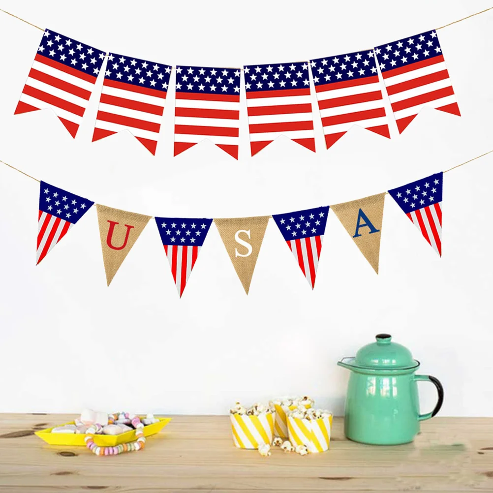 2 Pcs America Independence Day Banner The Party Usa Pennant Supplies Linen Dovetail Garland