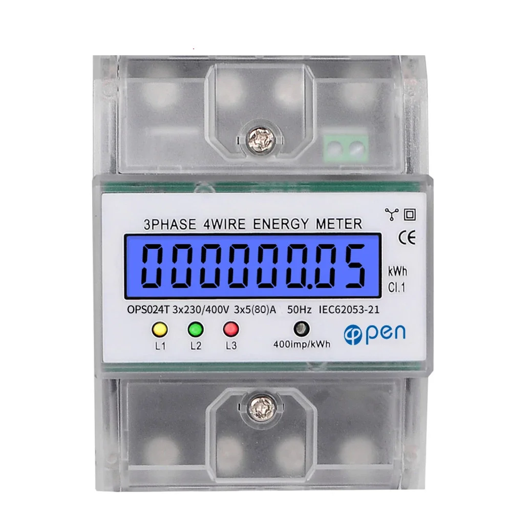 Open Electric Din Rail 3 Phase 4 Wire Electric Watt Power Energy Meter Wattmeter kWh LCD Backlight Display