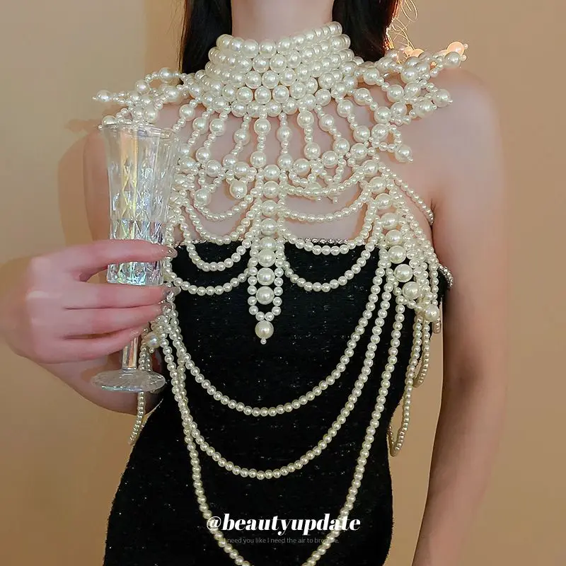 Handwoven pearl necklace, exaggerated luxury in Europe and America, body chain, niche luxury, fashionable accessories