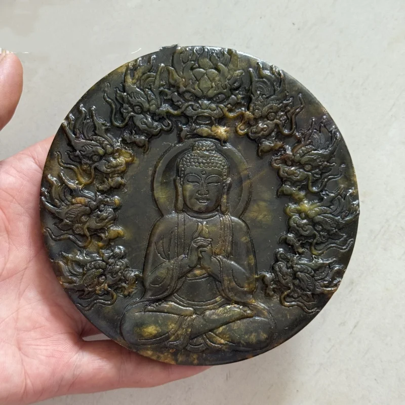 

1pc Antique jade carving old jade exquisite relief Shakyamuni Buddha statue handle piece folk art collectible crafts