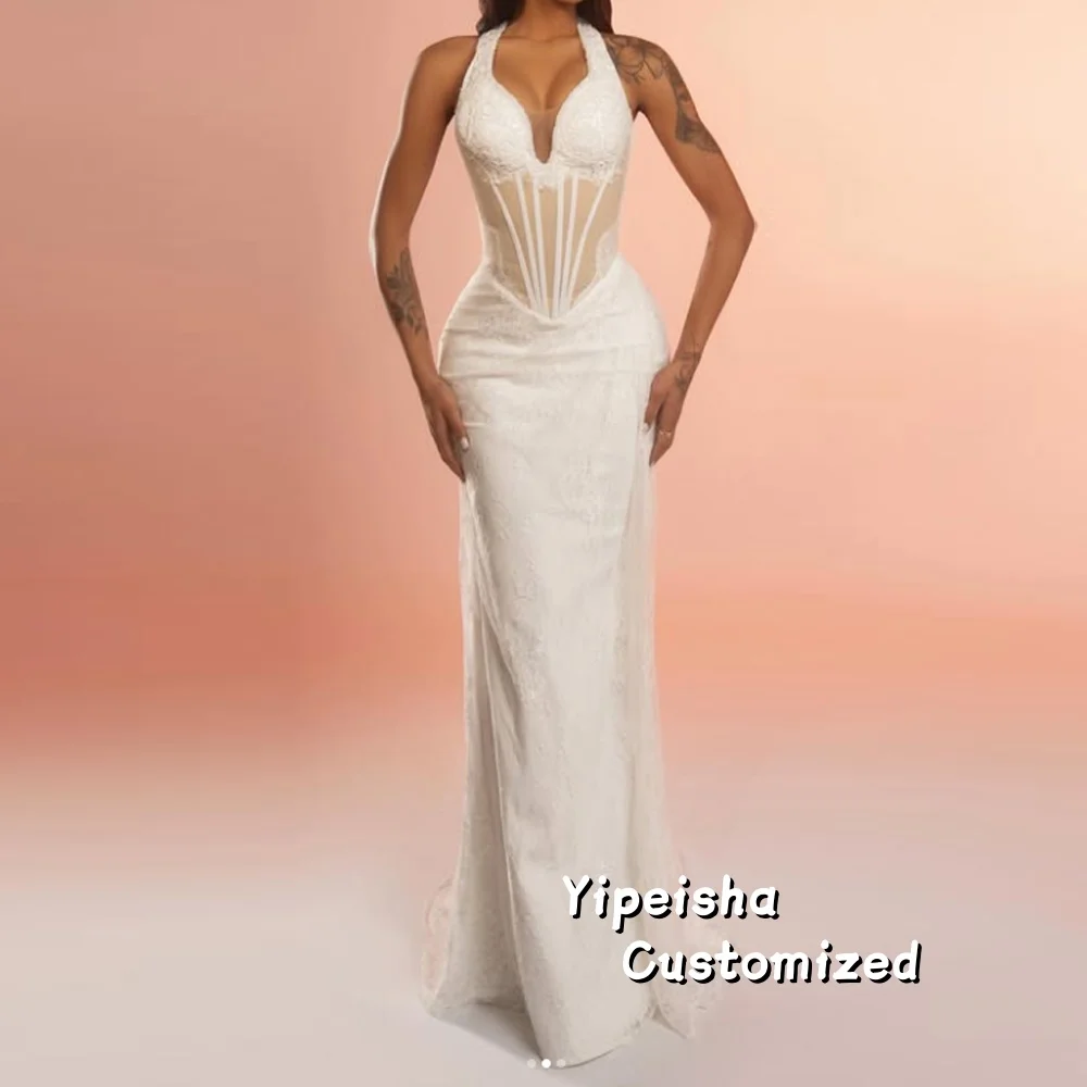 

Custom Deep Plunge Halter Evening Dress Sexy Sheer Corset robes de soirée Floor Length Slim Sheath Prom Dress Customized