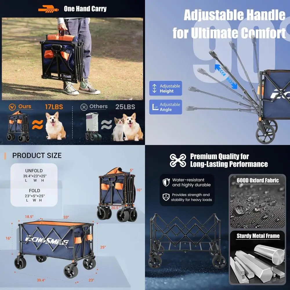 All-Terrain-Hochleistungs-Klappwagen – 360 Pfund Tragkraft, Outdoor-Utility-Wagen für Camping, Strand, Einkaufen, Picknicks (Blau/Orange)