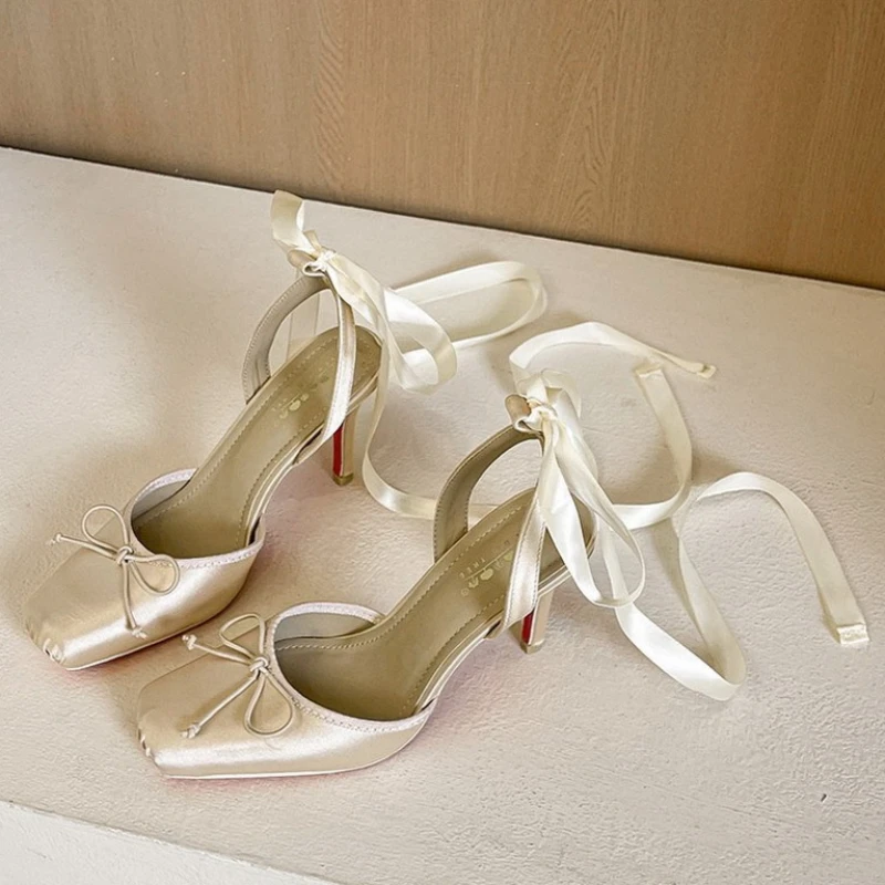 

Ladies' New Summer Square Satin High-heeled Sandals with Ankle Straps, Fashionable Party and Banquet Ballet High-heeled Shoes