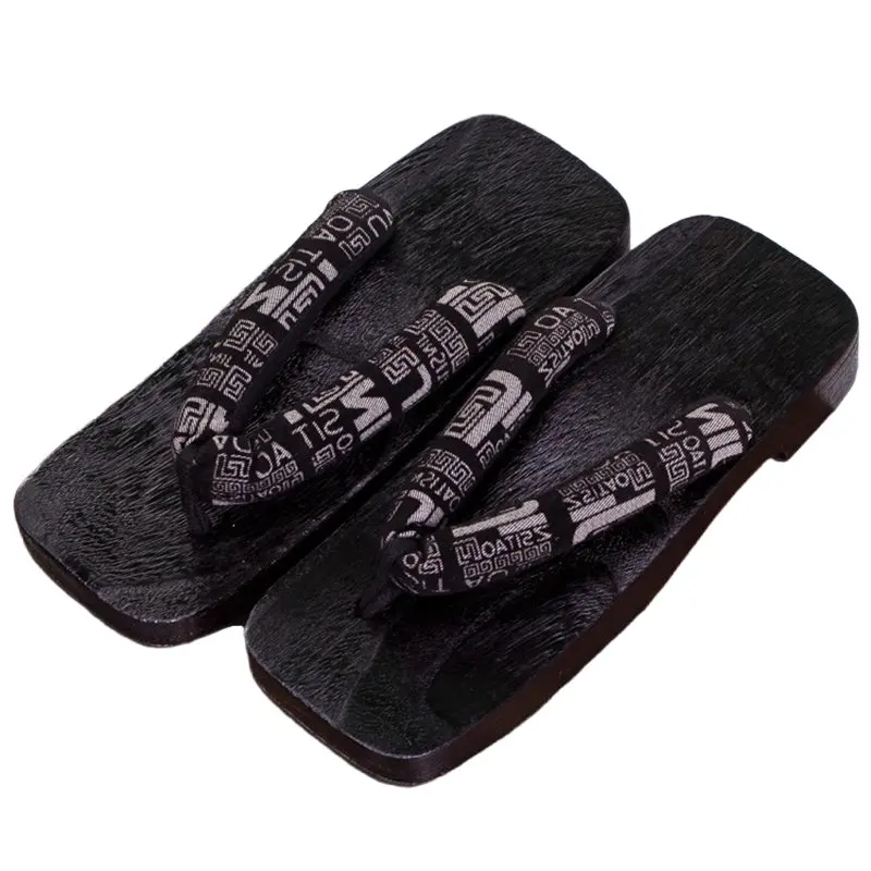 スクエアヘッドサムライアルファベットコスプレ靴忍者フラット下駄下駄黒木製ドラゴンストライプスリッパ夏のフリップフロップサンダル