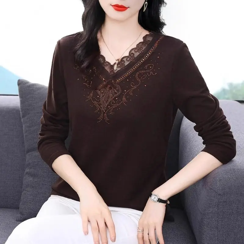 Women's Clothing Autumn Winter Stylish Rhinestone Lace Patchwork Thick Basic T-shirts Ladies Solid V Neck Long Sleeve Loose Tops