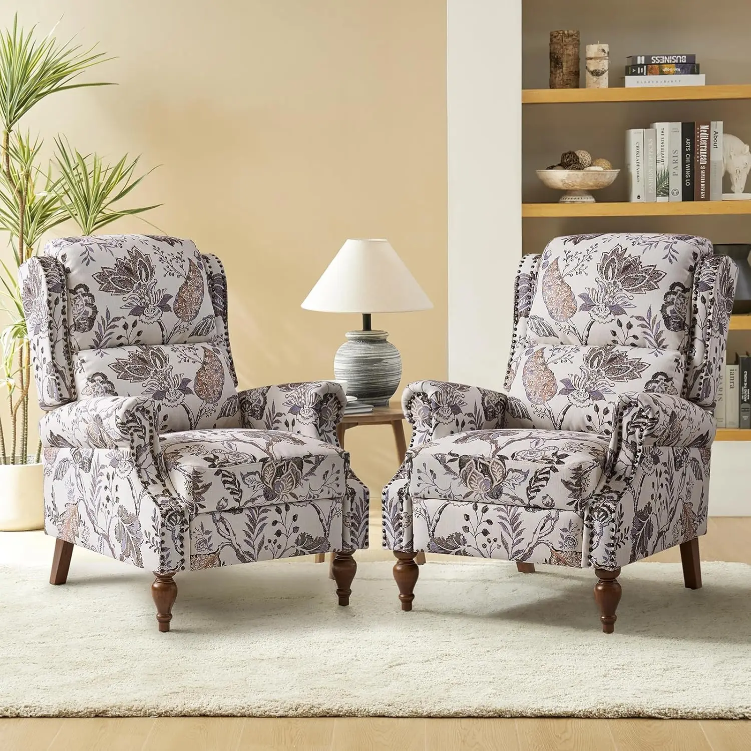 Pushback Recliner Chair, Upholstered Floral Fabric Wingback Chair, Single Sofa Accent Chair With Wood Legs And Rivet Decoration