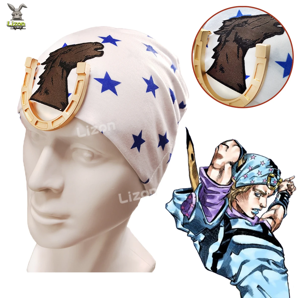 JoJo's Bizarre Adventure Cosplay Johnny Joestar Hat Meantal Horseshoe Star Printed Scarf Multifunction