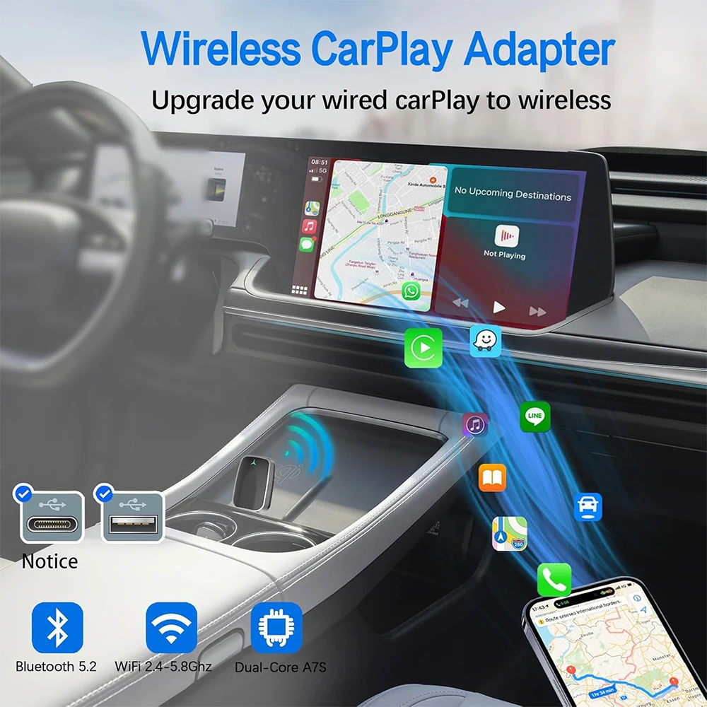 Wireless CarPlay 2 in 1 Android Auto Adapter Wired to Wireless Bluetooth 5.2 Smart Box for Convert Original Car Wired Plug &Play