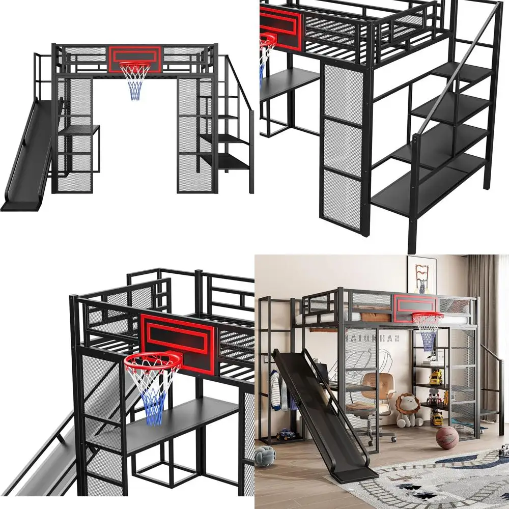 

Full Size Metal Bed with Desk, Wardrobe, Basketball Hoop, Slide, and Staircase - Space-Saving for Kids and Family (Black)