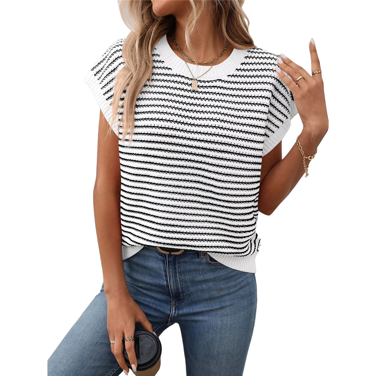 

Women'S Sweater Vest Striped Pullover Tank Top Round Neck Cap Sleeve Lightweight 2025 Summer Casual Clothes