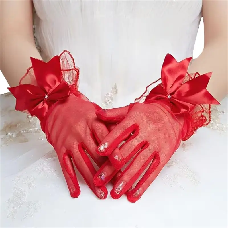 652F الدانتيل Bowknot تقليم قفازات الحدث الرسمي فساتين الزفاف قفازات للعروس وصيفات الشرف #4