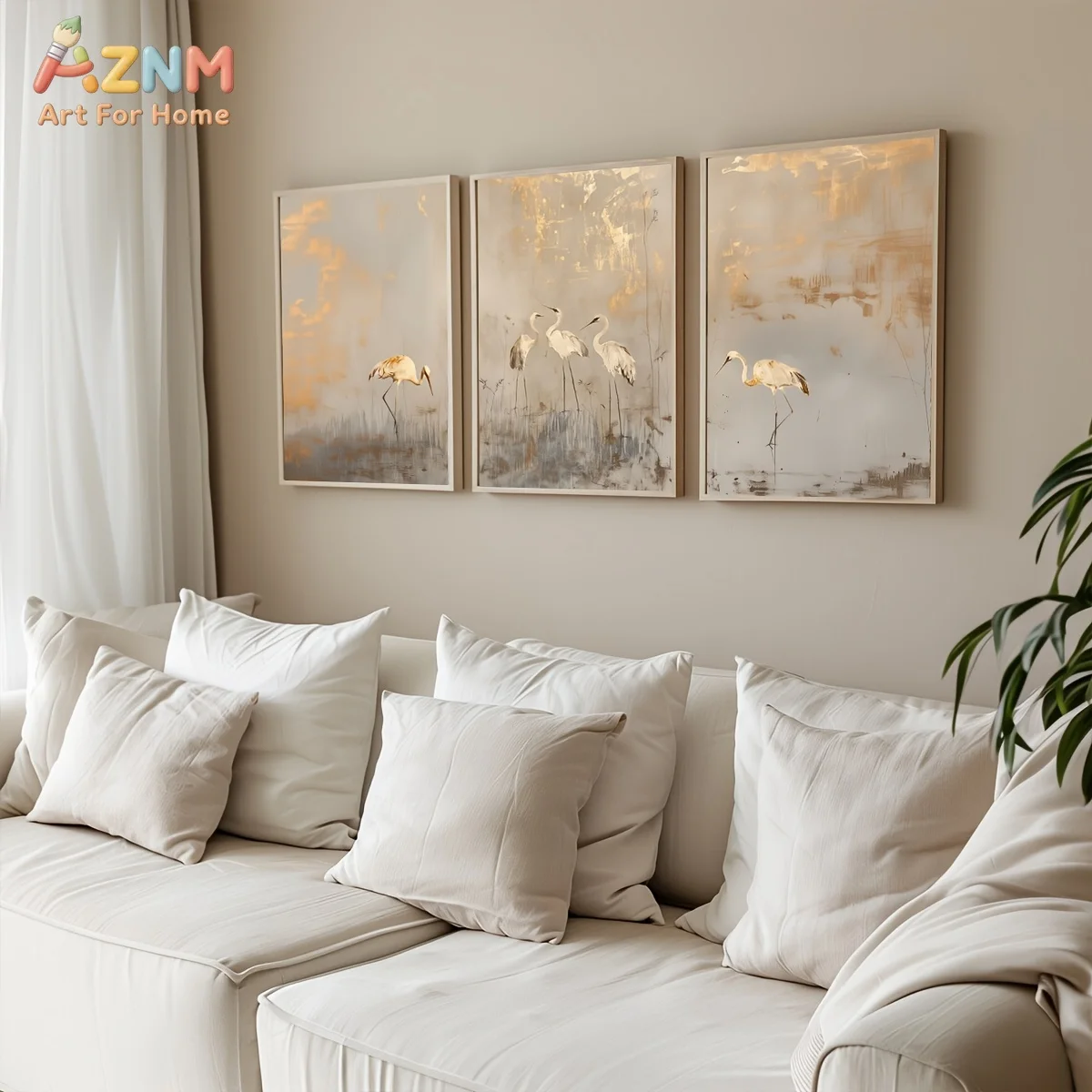3PCS Vintage Neutral Crane Canvas Prints Set Golden Abstract Bird Wall Art Posters for Living Room Bedroom Japandi Farmhouse Hom