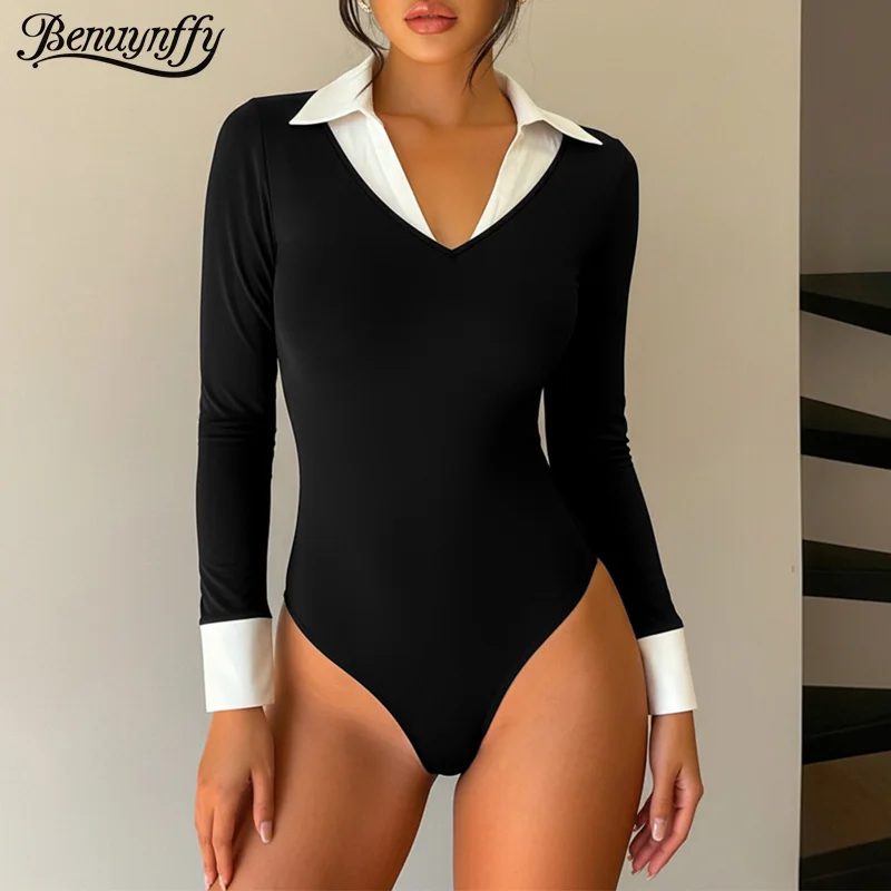Benuynffy White Collar 2 In 1 Bodysuit Women's Spring Fall Black Long Sleeve Bodys Female Casual Office Slim Fashion Tops