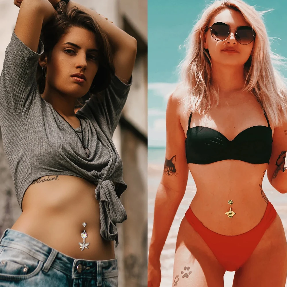 Mixed-style Sexy Belly Rings Sets Bee Butterfly Dangle Belly Piercing Bulk for Women Stainless Steel Cute Flower Navel Body Ring