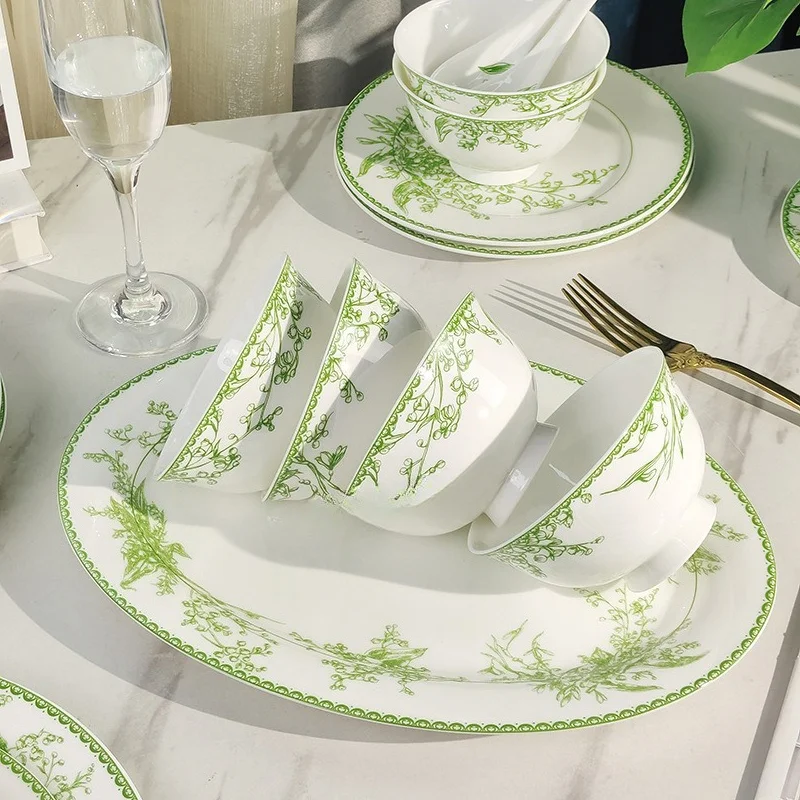 European-Style Light Luxury 36 Pieces The Valley Green Home Hotel Western Food Plate Bowl Spoon Plate Bone China Tableware Set