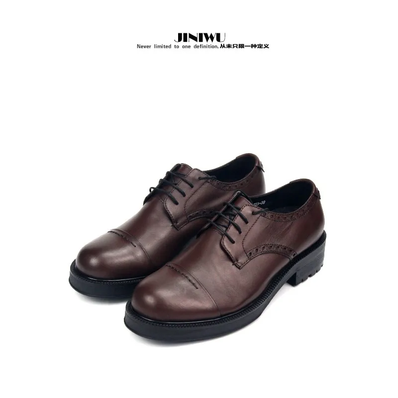 JINIWU 2026 Autumn Winter New Elevator Leather Shoes Coffee Round Toe Derby Thick Sole Brown Cowhide Men Shoes