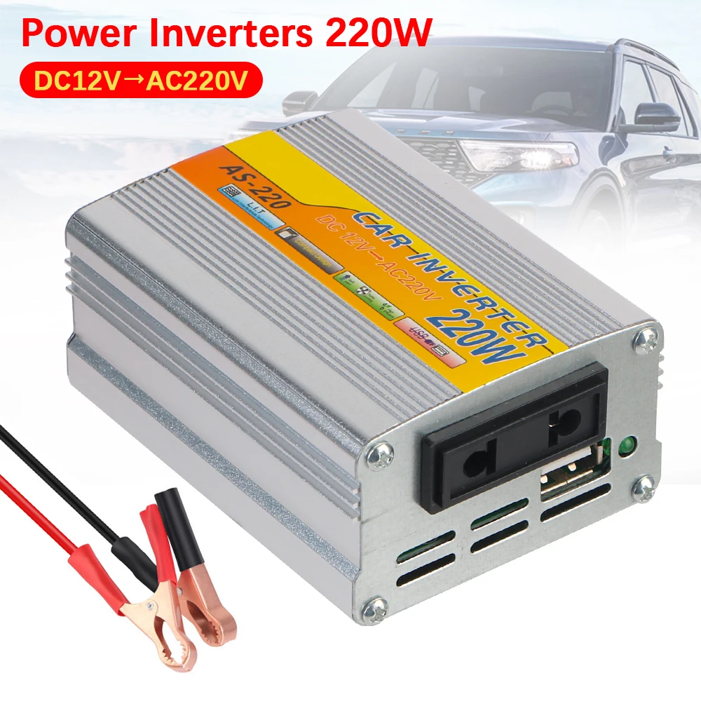 Portable USB Voltage Transformer 220W Power Inverter Car Mounted Solar Inverter Conversion USB Battery Clip DC 12V To AC 220V