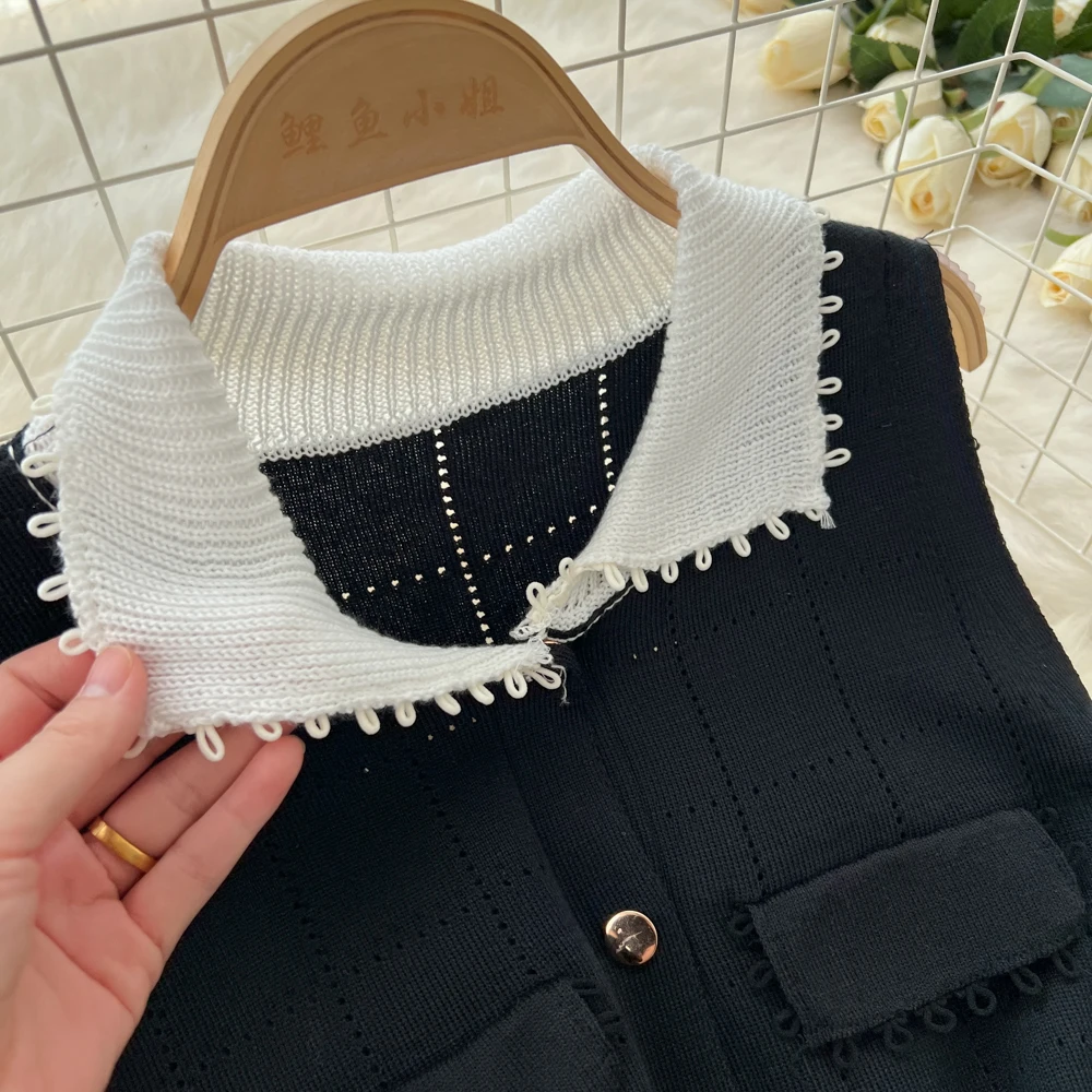 Chic Knit Elegant Sleeveless Turn-down Collar Patchwork Single Breasted Dresses Vintage Korean Evening Women Autumn Clothing