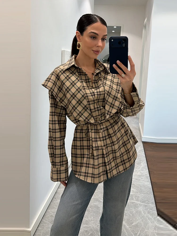 Chemise à carreaux à manches longues pour femmes, haut de rue élégant à revers, simple boutonnage, nouvelle collection printemps-automne 2026