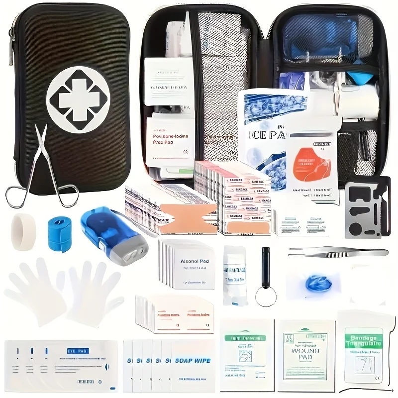 Hard-shell medical kit, suitable for travel, camping and emergency survival kits, including scissors, whistle, etc. Red/Black