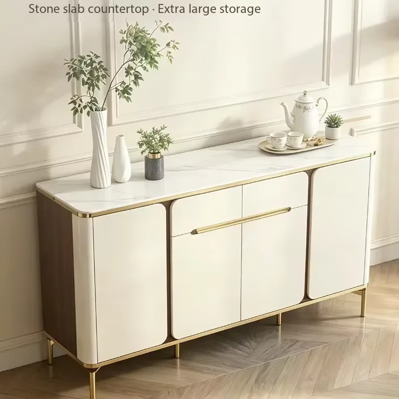 Luxury French Style Two Tone Wood Corner Dining Cabinet with Sintered Stone Top Gold Metal Frame Large Storage for Home Hotel