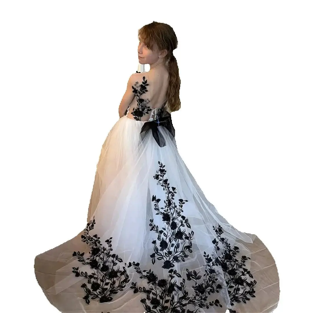 Vestido de princesa com apliques de tule, vestido de primeira comunhão até o chão, elegante, sem mangas, clássico, formal, personalizado