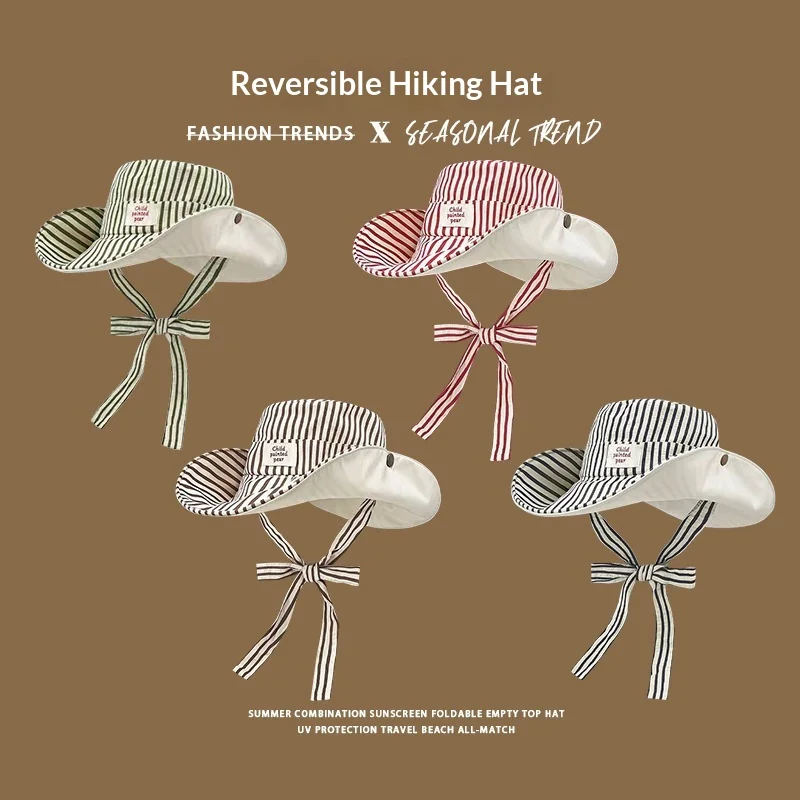 1 Stück Koreanische Version Ins Sonnenhüte für Frauen Sommer Reise Sonnenschutz Retro Gestreifter Breiter Rand Vielseitiger Riemen Bucket Hats für Reisen
