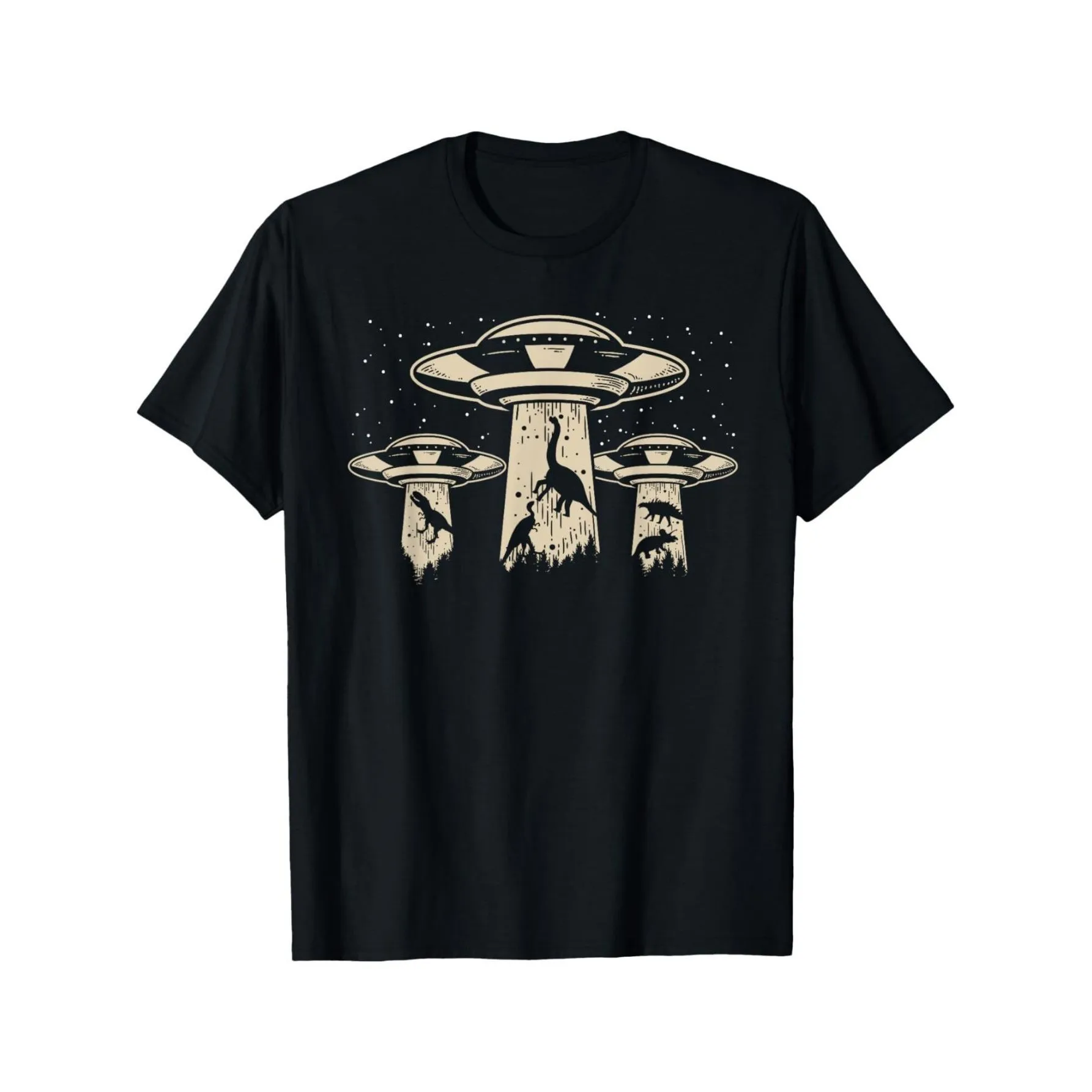Dinosaur UFO Abduction Graphic Tee Men's Funny Alien Spaceship Print Casual Cotton T-Shirt