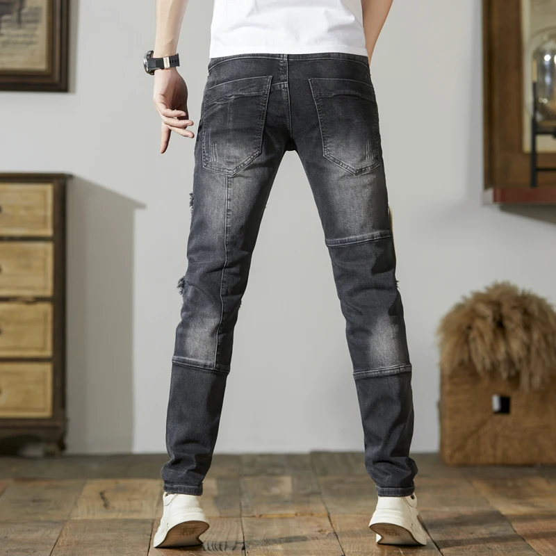 Jeans de costura lavado preto masculino, calça lápis longa, personalizada, bonito, slim-encaixe, elástico, na moda, retro, motocicleta