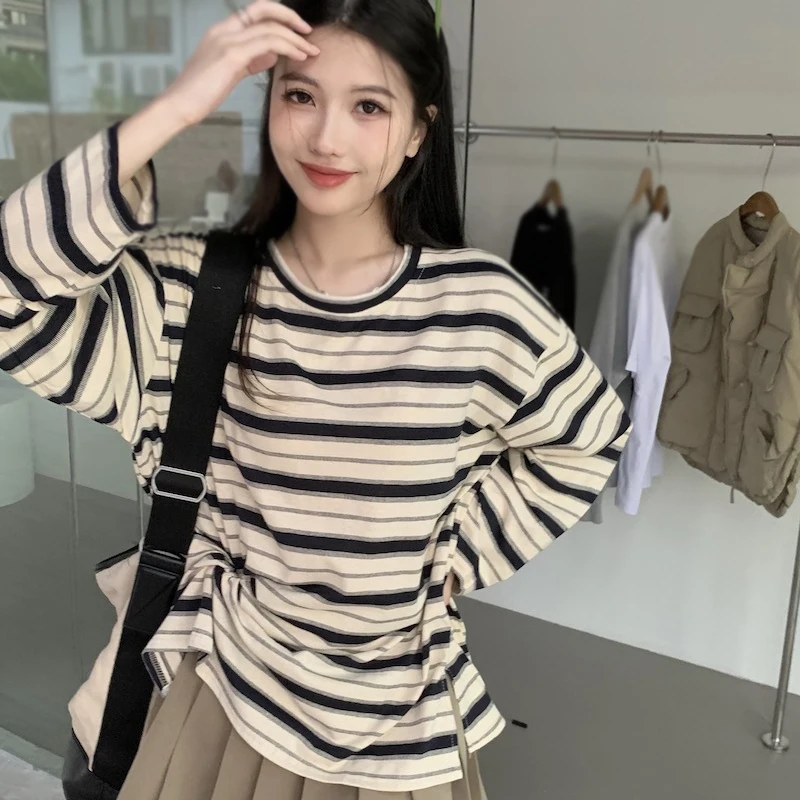 Spring Autumn Women Harajuku O Neck Striped T Shirt Long Sleeve T-Shirts Korean Casual Oversized T Shirt Femme Tops