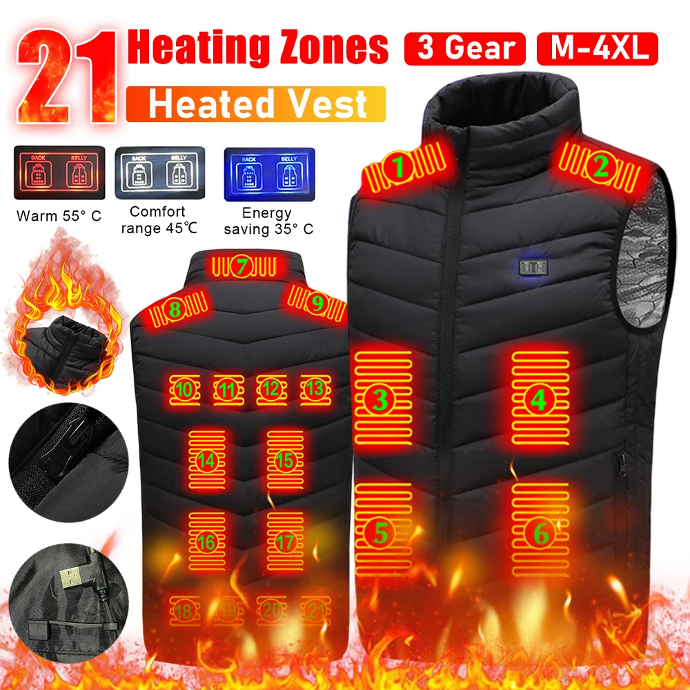 21 Heated Vest Zones Electric Heated Jackets USB Heating Vest Men Women Sportswear Thermal Winter Warm Heated Jacket For Camping