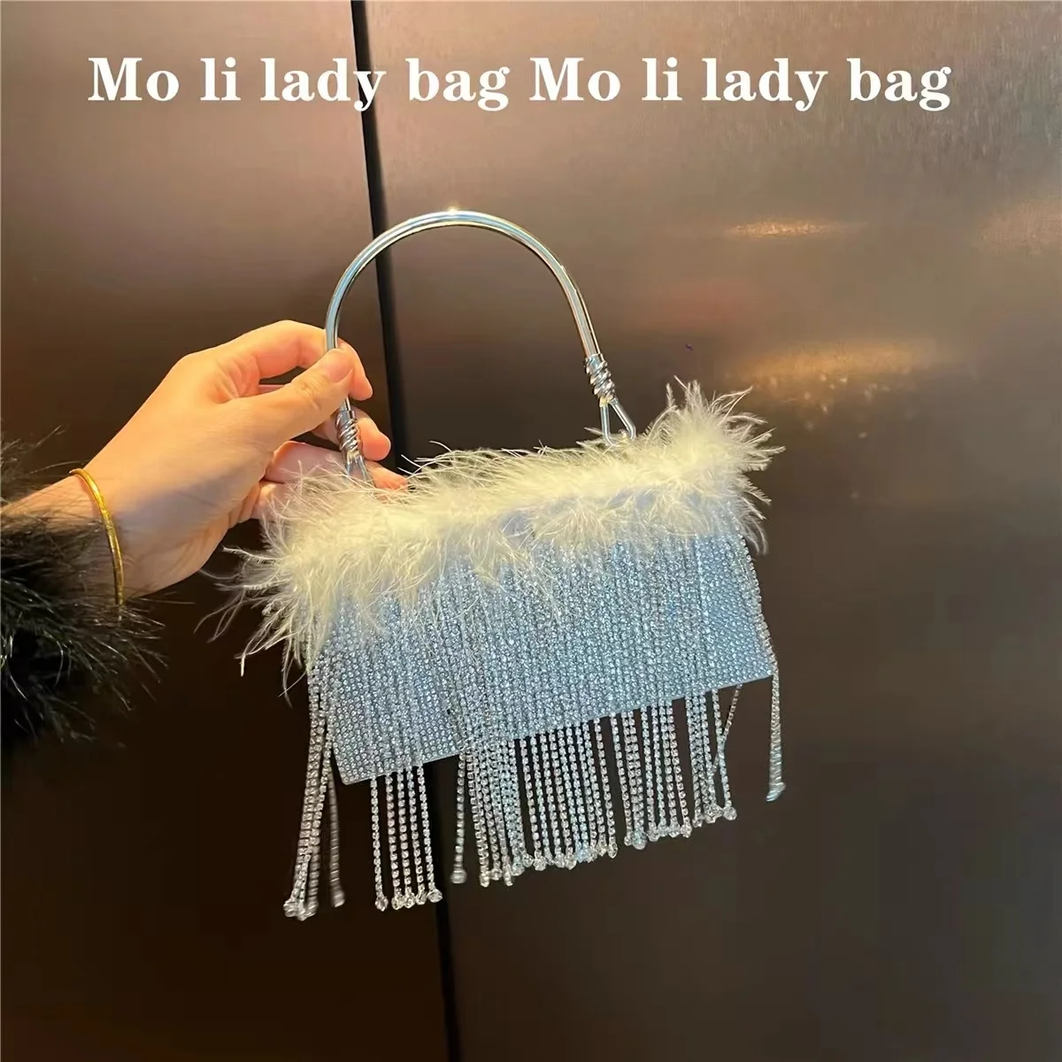 

Luxury Ostrich Hair Glitter Square Bag Women Elegant Handbag Shiny Diamonds Evening Bag Dinner Party Clutch Purse Crossbody Bag