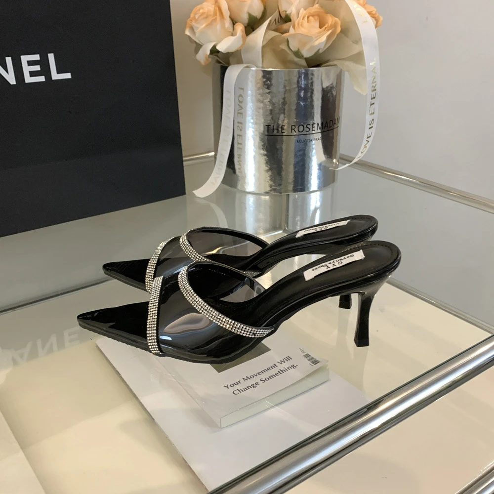 Women's Rhinestone Clear Pointed Open Peep Toe Stiletto Heel Slide Sandals Slip-On Transparent Sexy Dress High Heels Mules