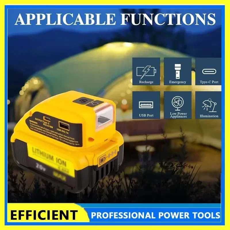 

Portable Power Converter USB Adapter with 140lm LED Work Light for Dewalt 18V 20V Li-ion Battery with USB Type-C DC 12V