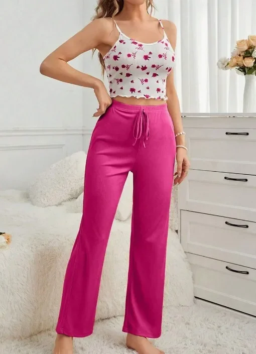 

Women's Sexy Transparent Mesh Lace Set with Ribbed Printed Strap Top and Pants Home Clothes Pajama Set