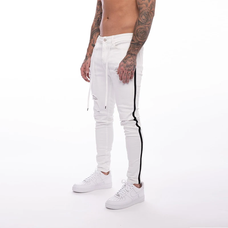 2024 Ripped Skinny White Jeans Men Vintage wash Side-Stripe Denim Pants Mens Casual Slim fit pencil denim Joggers Trousers