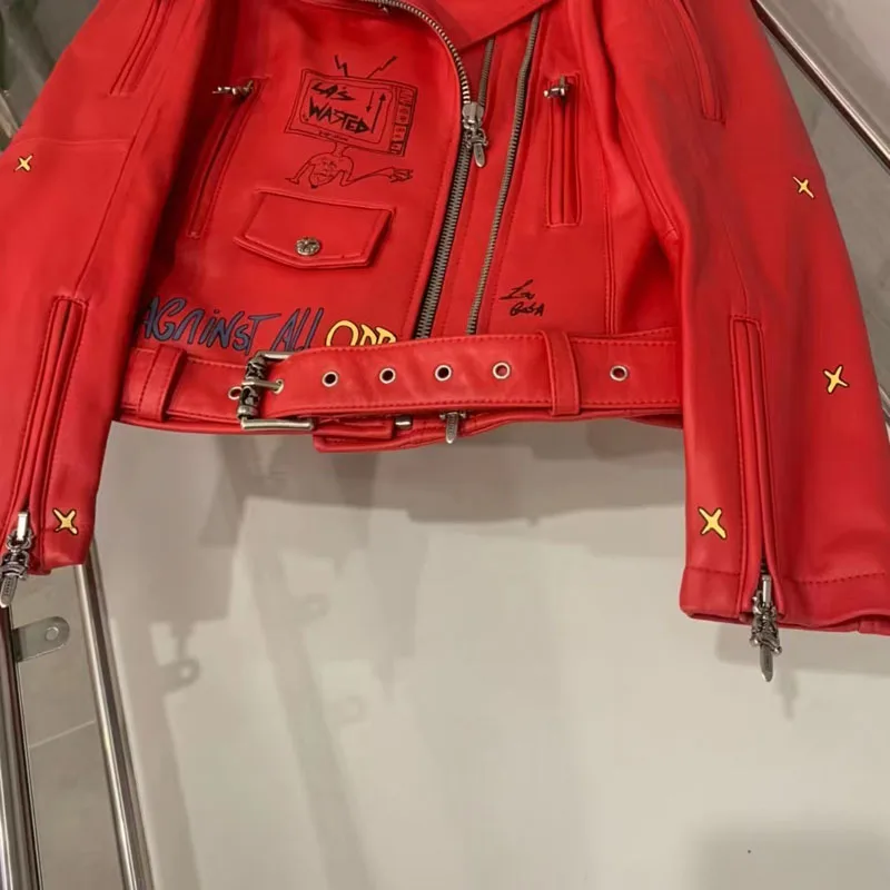 Red Color Coat Spring Autumn 2022 New Arrival Genuine Leather Jacket Import Real Sheepskin Clothes Pattern Of Letters Locomotive
