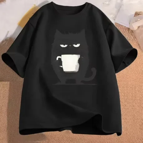 Funny Black Cat Coffee T-Shirt Tired Cat T Shirt Women Graphic Cute Cat Lover Clothes Clothing Harajuku Sleeve Aesthetic Clothes