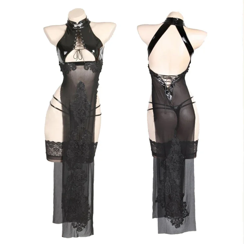 Anilv-traje de baño del juego NieR Automata 2B para mujer, traje de baño Sexy, traje de baño de cuello alto, conjunto de Cheongsam, Cosplay de Stcokings