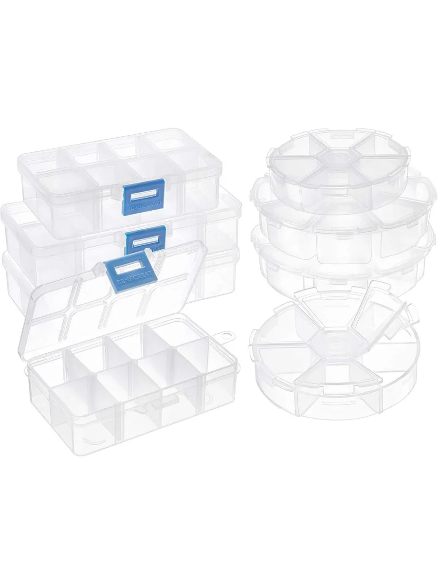 8 pcs 4 Styles Clear Plastic Jewelry Organizer Boxes Including 4 pcs 8 Grids 6 Grides Round 4 pcs 2 Sizes 10 Grids 8 Grids