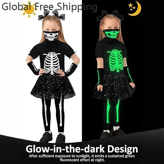 

Glow-in-the-dark Halloween 3d Skull Print Bodysuit For Girls Holiday Party Masquerade Dress Ballet Tutu Bodysuit Carnival Outfit