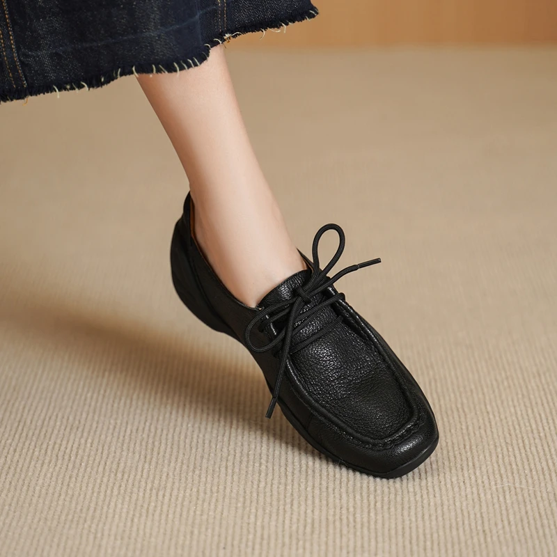 2026 New Women's Sheepskin Square Toe Lace-up Flats Sneakers High Quality Soft Comfortable Casual Moccasins Daily Drive Shoes