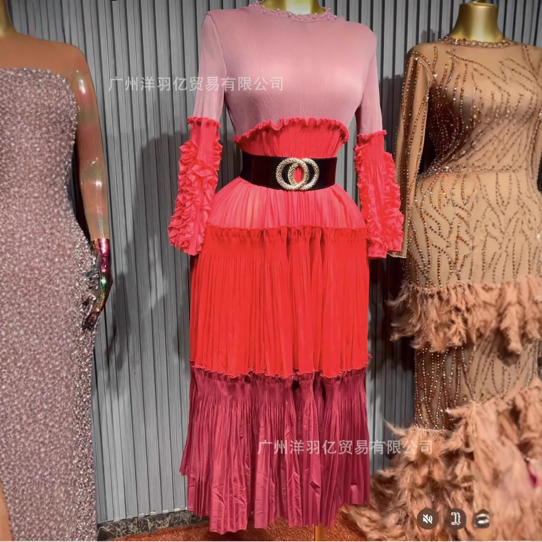 

QIAOXIN Europe, America 2025 spring and summer women's dress temperament elegant feather hem splicing sequin dress